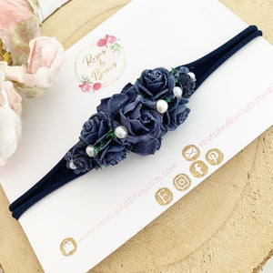 Navy Floral pearl headband