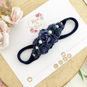 Navy Floral pearl headband