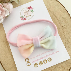 Rainbow Velvet Pinch Bow Headband or Clip