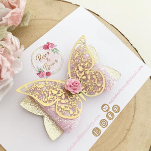 Pink and Gold Butterfly Glitter Bow Headband or Clip