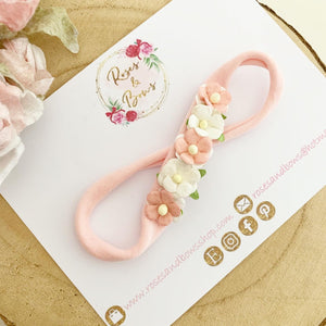 Pink blush flower nylon stretch headband