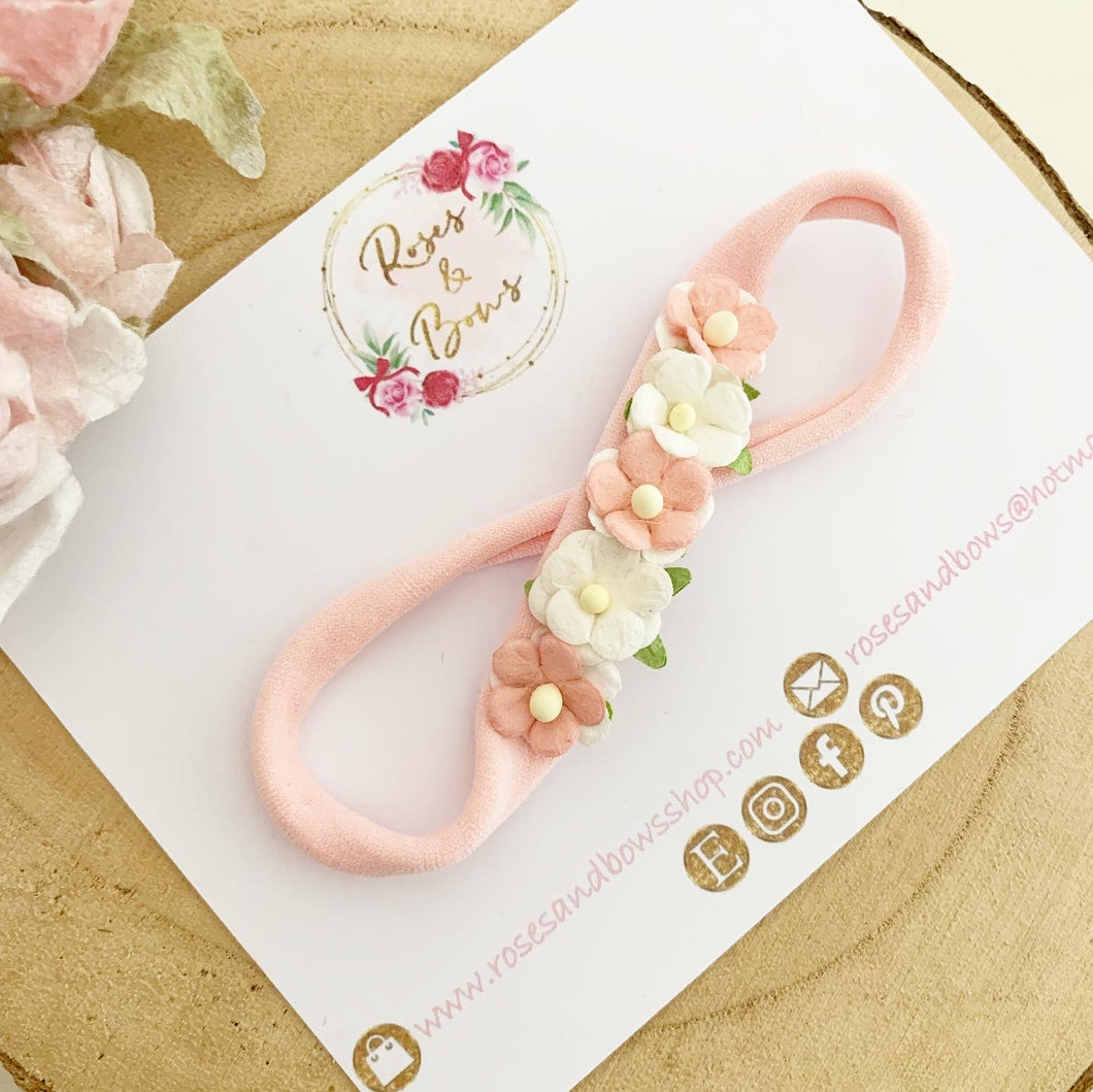 Pink blush flower nylon stretch headband