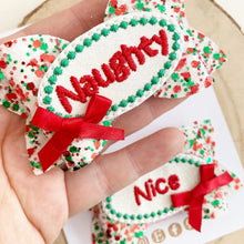 Load image into Gallery viewer, Naughty or Nice hair bows- clip set - Christmas glitter bows
