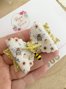 Bee Glitter Bow Headband or Clip