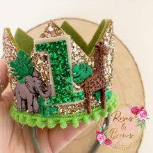 Load image into Gallery viewer, Safari birthday crown - jungle glitter party hat - cake smash prop - birthday accessory
