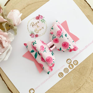 Floral Rose Pink Hair Bow Headband or Clip