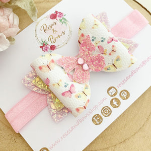 Pink Glitter Butterfly Hair Bow Headband or Clip