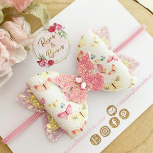 Pink Glitter Butterfly Hair Bow Headband or Clip