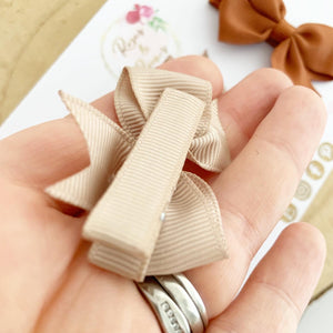 Small Hair Bow Clip Set - Fringe Clips - Beige, Brown