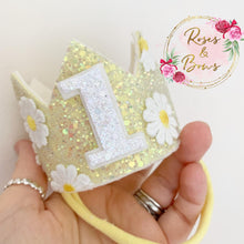 Load image into Gallery viewer, Daisy crown - glitter party hat - cake smash prop - birthday accessory
