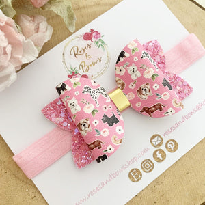 Pink Dog Puppy Hair Bow Headband or Clip