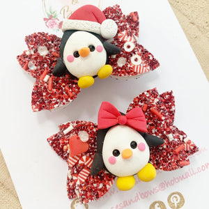 Penguin pigtail bows - clip set - Christmas glitter bows