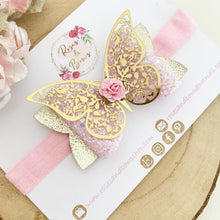 Load image into Gallery viewer, Pink and Gold Butterfly Glitter Bow Headband or Clip
