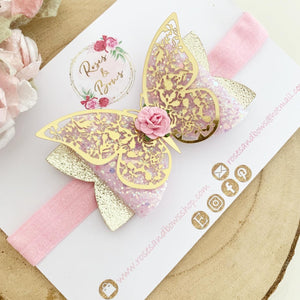 Pink and Gold Butterfly Glitter Bow Headband or Clip