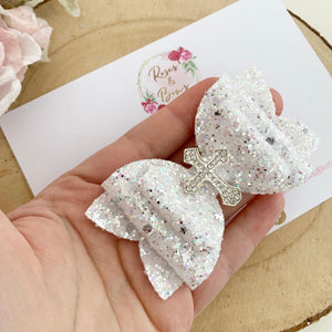 White Christening Hair Bow Headband or Clip