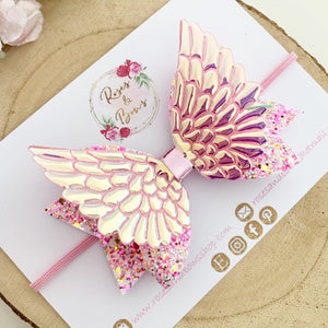 Angel Wings Pink Glitter Hair Bow Headband or Clip