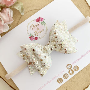 Ivory and Gold Glitter Hair Bow - Glitter Hair Bow Hair Clip or Headband