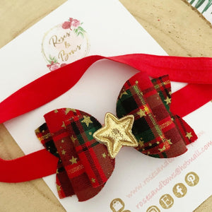 Christmas red tartan and gold star  Hair Bow Headband or Clip