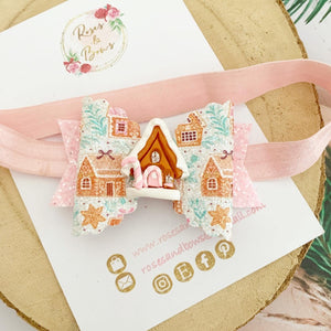 Pink Gingerbread House Hair Bow Clip or Headband