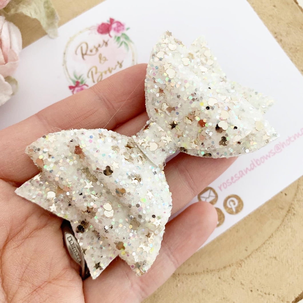 Ivory and Gold Glitter Hair Bow - Glitter Hair Bow Hair Clip or Headband