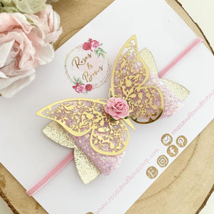 Pink and Gold Butterfly Glitter Bow Headband or Clip