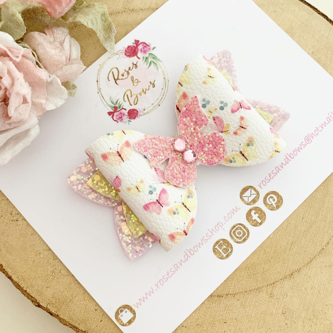 Pink Glitter Butterfly Hair Bow Headband or Clip