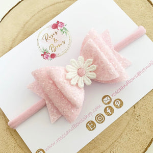 Pink Daisy Hair Bow Headband or Clip