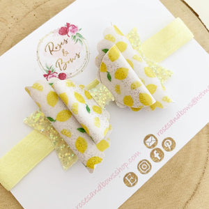 Lemon Glitter Hair Bow Headband or Clip