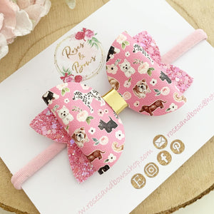 Pink Dog Puppy Hair Bow Headband or Clip