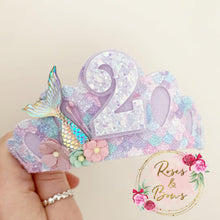 Load image into Gallery viewer, Mermaid Birthday tiara, glitter tiara - princess crown - birthday accessory - custom ages
