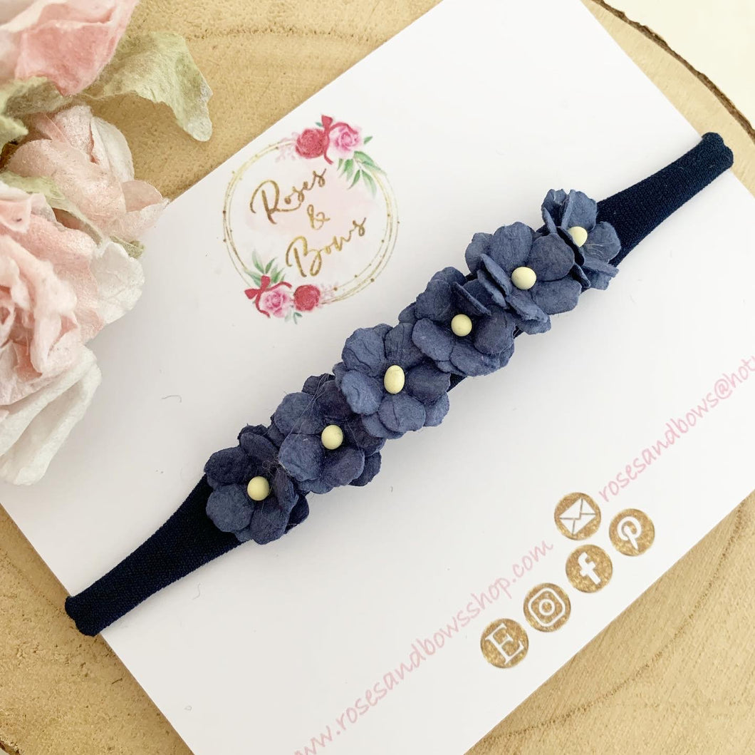 Navy blue flower nylon stretch headband