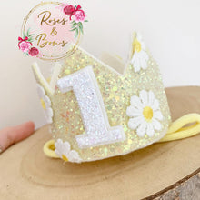 Load image into Gallery viewer, Daisy crown - glitter party hat - cake smash prop - birthday accessory
