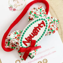 Load image into Gallery viewer, Naughty or Nice hair bows- clip set - Christmas glitter bows
