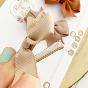 Small Hair Bow Clip Set - Fringe Clips - Beige, Brown