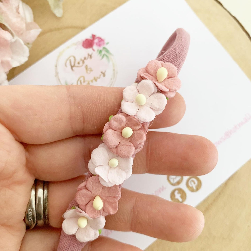 Dusky pink flower nylon stretch headband