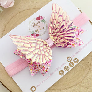 Angel Wings Pink Glitter Hair Bow Headband or Clip