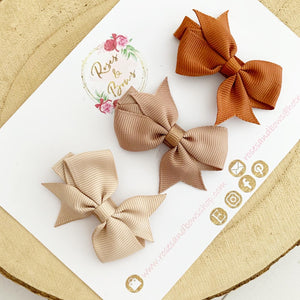 Small Hair Bow Clip Set - Fringe Clips - Beige, Brown