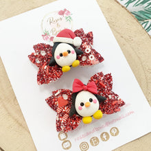 Load image into Gallery viewer, Penguin pigtail bows - clip set - Christmas glitter bows
