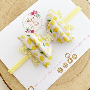 Lemon Glitter Hair Bow Headband or Clip