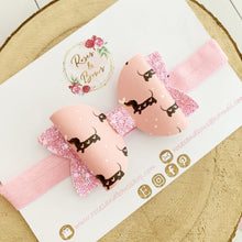 Load image into Gallery viewer, Pink dachshund sausage dog hair bow Headband or Clip
