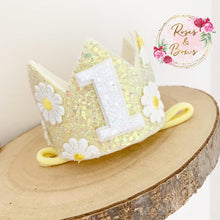 Load image into Gallery viewer, Daisy crown - glitter party hat - cake smash prop - birthday accessory
