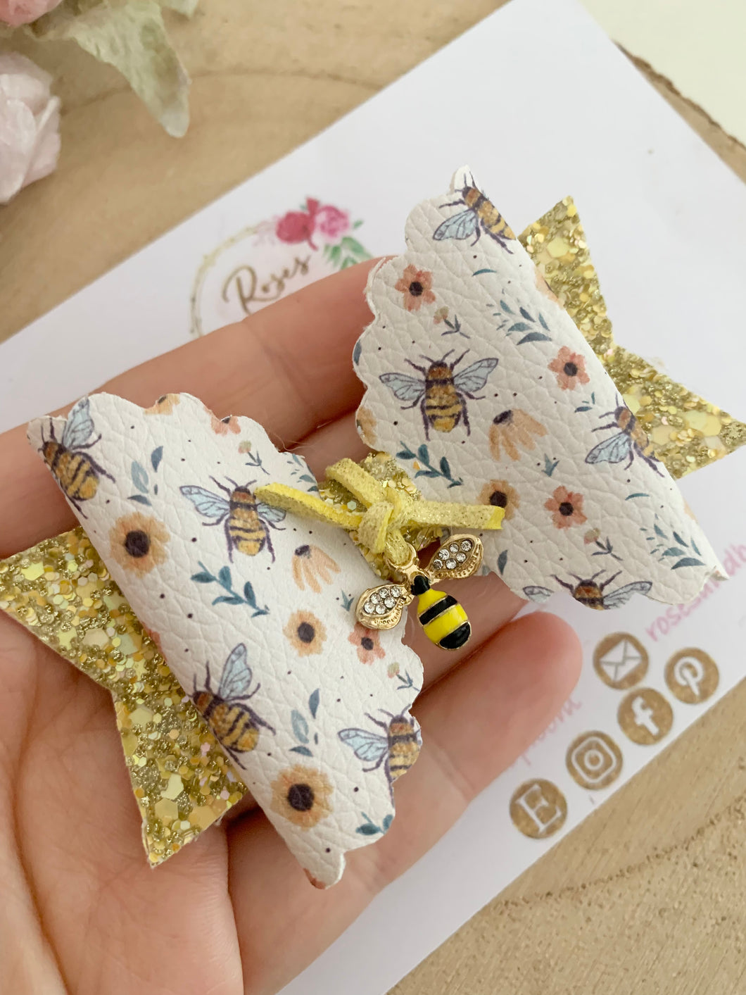 Bee Glitter Bow Headband or Clip