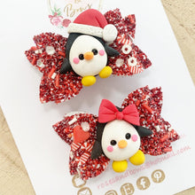 Load image into Gallery viewer, Penguin pigtail bows - clip set - Christmas glitter bows
