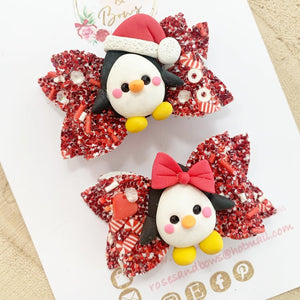 Penguin pigtail bows - clip set - Christmas glitter bows