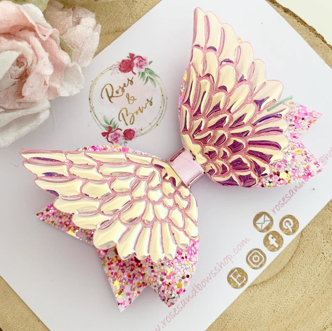 Angel Wings Pink Glitter Hair Bow Headband or Clip