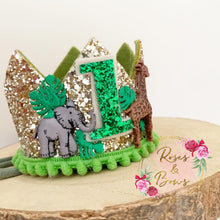 Load image into Gallery viewer, Safari birthday crown - jungle glitter party hat - cake smash prop - birthday accessory
