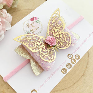 Pink and Gold Butterfly Glitter Bow Headband or Clip