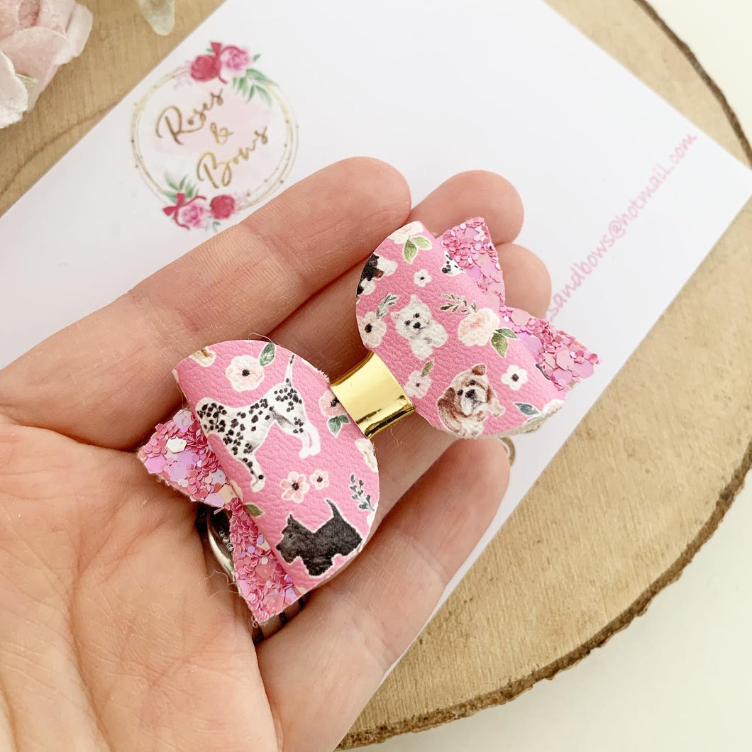 Pink Dog Puppy Hair Bow Headband or Clip
