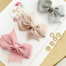 Load image into Gallery viewer, Neutral Small Hair Bow Clip Set - Fringe Clips - Pink, Grey &amp; Beige
