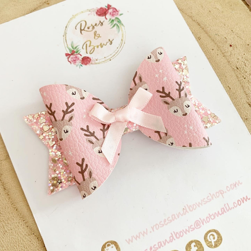 Pink reindeer Hair Bow Headband or Clip